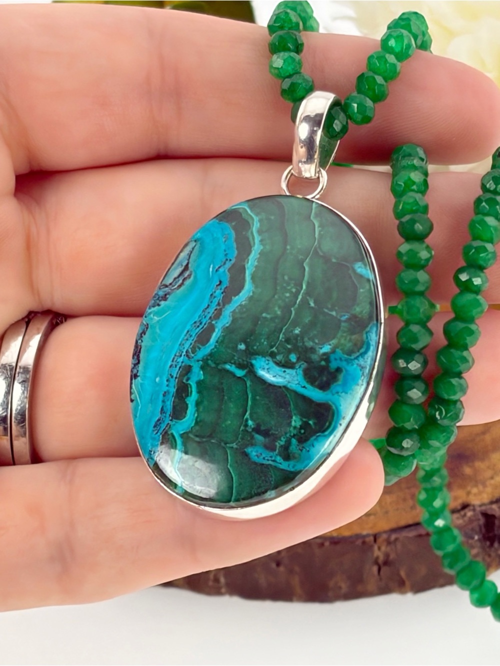Pure Sterling Silver 925 Top Quality Malachite Chrysocolla Pendant Necklace - Picture 4 of 9